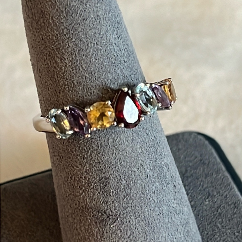Sterling Silver Red Garnet, Topaz, Citrine and Amethyst Ring